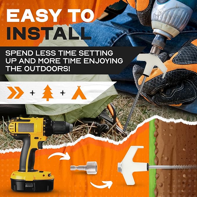 15-Pack 8 Heavy Duty Screw in Tent Stakes Drill-In Ground Anchor Pegs Includes Hex Head Driver &amp Storage Bag