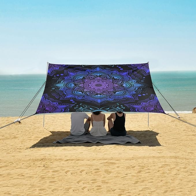 ALAZA Mandala Boho Bohemian Lotus Beach Tent Sun Shelter UPF50+ Protection Beach Shade Canopy w/ 4 Sandbags for Outdoor Camping Fishing Backyard Fun Picnic 10x9 ft