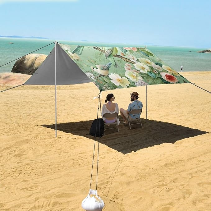 Cute Birds Green Beach Tent Sun Shelter 9.2' x 10.5' Beach Canopy with 4 Sandbags 4 Stability Poles Sand Shovels - Tent Canopy for Beach Camping Fishing Picnics