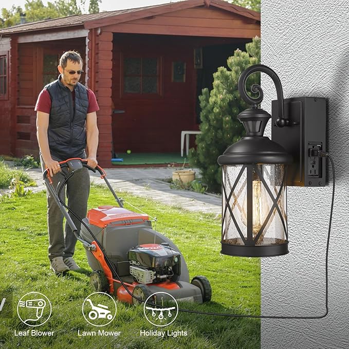 Darkaway Motion Sensor Outdoor Wall Light Dusk to Dawn Outdoor Porch Light with GFCI Outlet Waterproof Exterior Wall Sconce with Seeded Glass Black Wall Mount Lighting Fixture for House Patio Garage