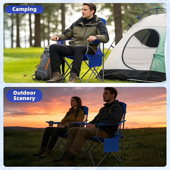 Outdoor Folding Camping Chair with Insulated Cooler Padded Seat and Back Cup Holder Storage Pockets Lightweight Portable Chair with Carry Bag for Camping Beach Lawn and Backyard (Blue)