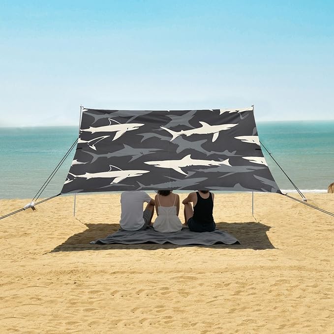 Grey White Shark Dark Camping Sun Shelter Beach Tent Portable Beach Sun Shade Outdoor Canopy for Camping Trips Fishing Picnic