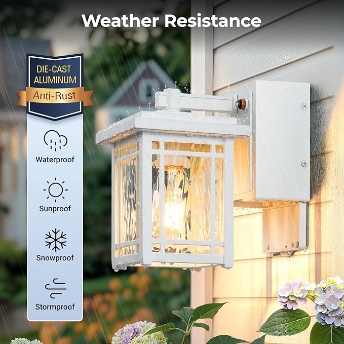 2-Pack Outdoor Wall Light with GFCI Outlet White Dusk to Dawn Exterior Light Fixture Wall Lantern Waterproof Front Porch Lights Wall Mount Modern Outdoor Coach Lights with Water Ripple Glass