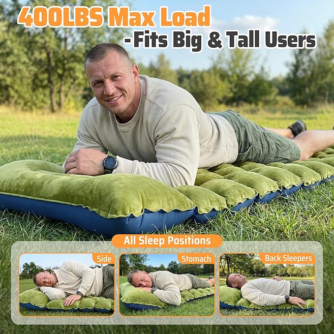 4 Thick Double-Sided Camping Sleeping Pad | Warm Velvet Top Waterproof Nylon Bottom | Inflatable Mattress for Backpacking &amp Cold Weather