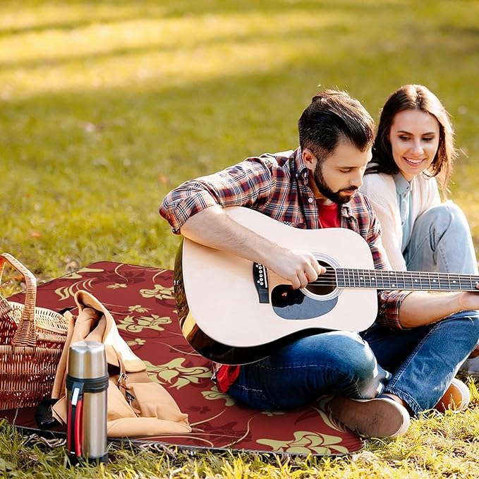 Flower Maroon Gold Floral Classy Burgundy Antique Waterproof Outdoor Picnic Blanket Sandproof Beach Mat for Camping Hiking Grass Travelling