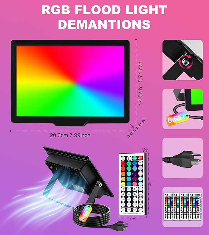 50W RGB Flood Light with Remote &amp 6.6Ft Cable Halloween RGB Floodlight IP66 Waterproof Color Changing Christmas Light 5000K White LED Floodlight Outdoor Uplights for Events 4 Pack