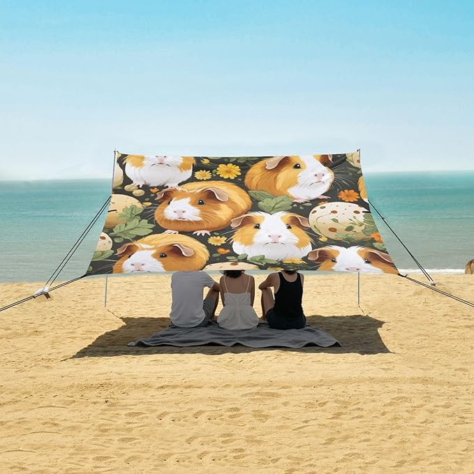 Cute Guinea Pig Beach Tent Sun Shelter 9.2' x 10.5' Beach Canopy with 4 Sandbags 4 Stability Poles Sand Shovels - Tent Canopy for Beach Camping Fishing Picnics