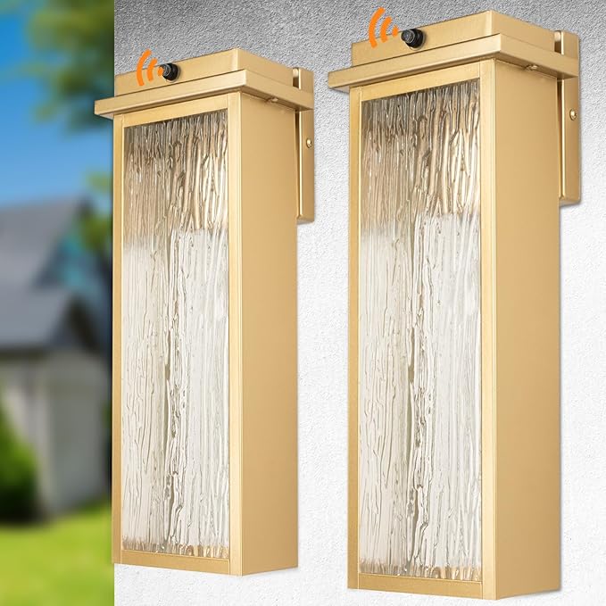 16 Dusk to Dawn LED Outdoor Light 2 Packs Gold Outside Porch Lights Wall Mount Large Exterior Lighting Fixtures with Rippled Glass Waterproof Modern Wall Lantern for House Patio
