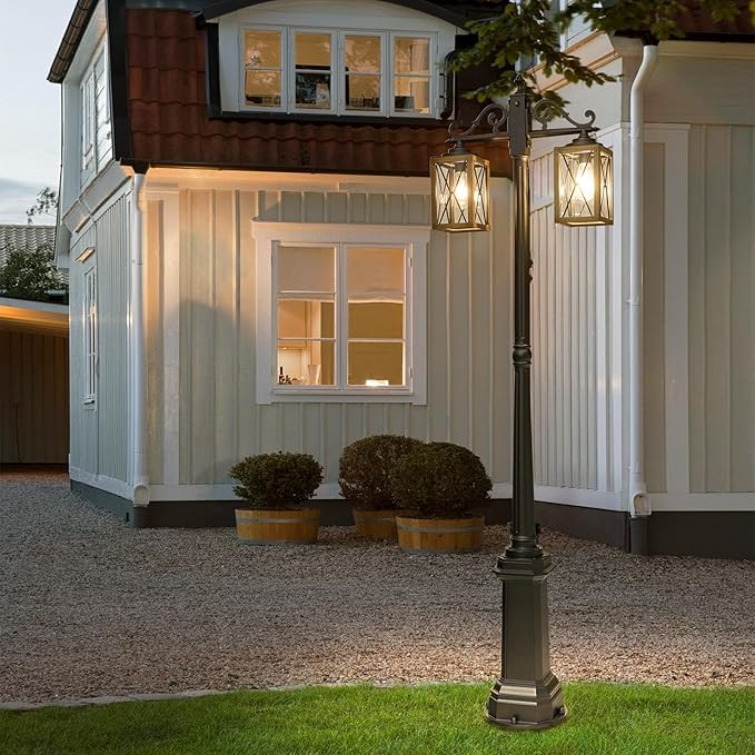 Dusk to Dawn Outdoor Lamp Post Lights with GFCI OutletDouble-Head Farmhouse Street Light FixtureAluminum Black Pole Exterior Lights Waterproof Lantern Outdoor Lighting