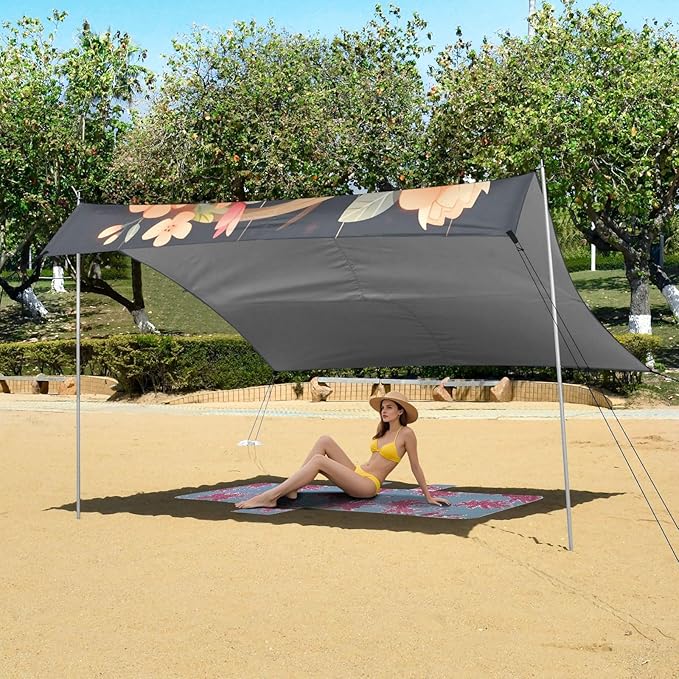 ALAZA Cute Sloth Flowers Beach Tent Sun Shelter UPF50+ Protection Beach Shade Canopy w/ 4 Sandbags for Outdoor Camping Fishing Backyard Fun Picnic 10x9 ft