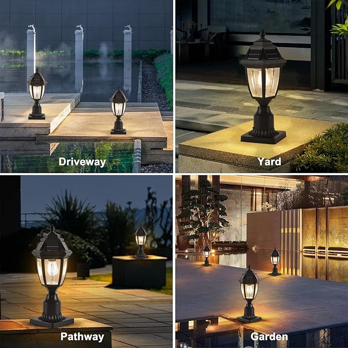 Solar Outdoor Post Lights 2 Pack Dusk to Dawn Outdoor Column Light with Pier Mount Base Black Exterior Solar Powered Pole Light for Outside Porch Yard Pathway Driveway