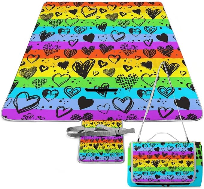 Gay Pride Rainbow Love Hearts Waterproof Outdoor Picnic Blanket Sandproof Beach Mat for Camping Hiking Grass Travelling