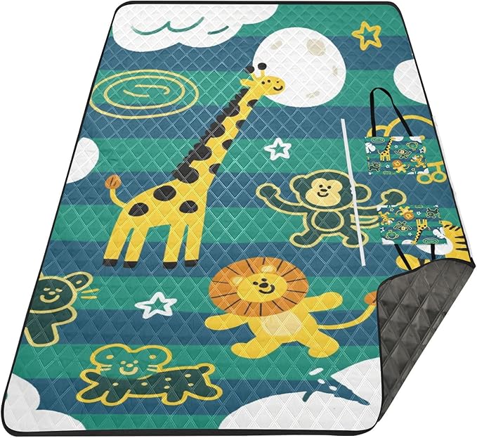 KLL Funny Giraffe Monkey Stripe Green Blue Waterproof Picnic Accessories Sand Free Grass Camp Rug for Outdoorsy People Couples Gift estera de playa