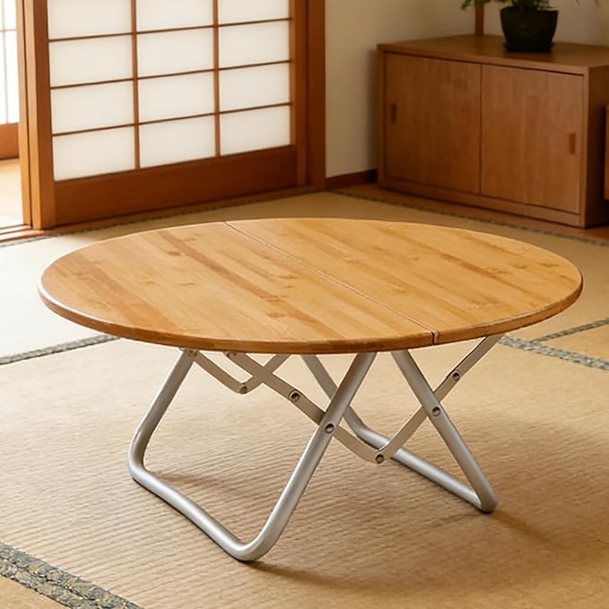 Bamboo Round Folding Table - Portable Low Camping Table for Indoor &amp Outdoor Picnic Barbecue Beach Party Half-Fold Design