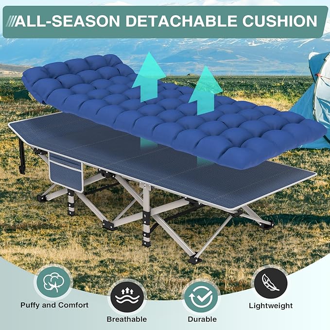 Seeutek Folding Camping Cot for Adults with Carry Bag Portable Bed with Detachable Cushion Waterproof 1200D Oxford Fabric Cot Bed for Camping Hunting Lounging Camping Cots Blue Cot &amp Gray P