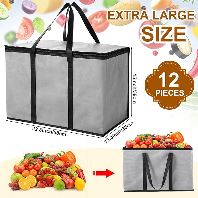 12 Pcs Large Insulated Food Delivery Bag Bulk XXXL Reusable Grocery Bags Foldable Catering Insulated Cooler Bag with Sturdy Handles for Takeout Shopping Camping Warmer/frozen(Gray)