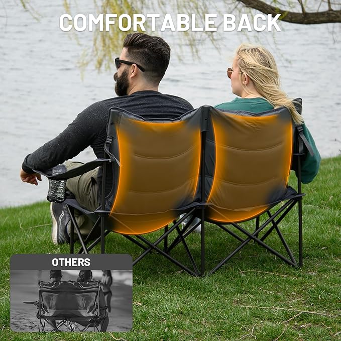 TIMBER RIDGE 2 Person Folding Loveseat Comfortable Double Foldable Camping Chair Folding Lawn chairs for Outside Grey