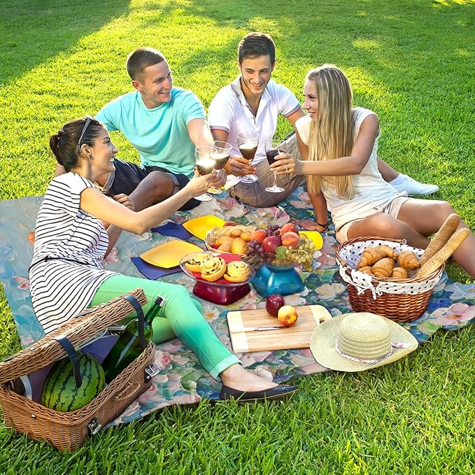 Waterproof Sandproof Beach Blanket 59''×68'' Flower Polyester Outdoor Picnic Blanket with 4 Stakes &amp Storage Bag for BeachCampingVacation Oil Paintings