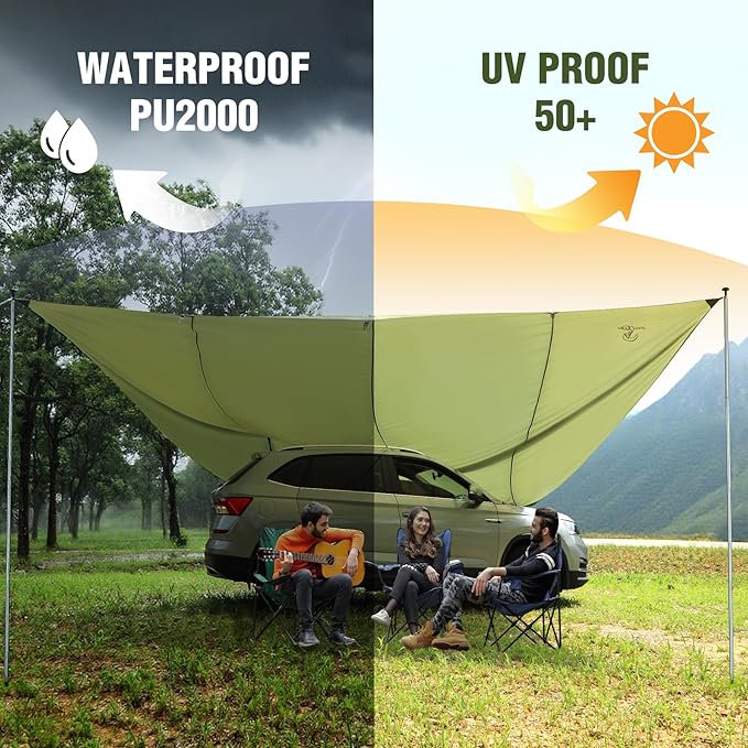 REDACMP 19ft x17ft Large Car Awning Tarp with 2 Poles &amp 2 Suction Cup Hooks Waterproof Camping Tarp Hammock Rain Fly with UV Protection Sun Shelter for SUVVanOverland CampingTailgate CanopyGr