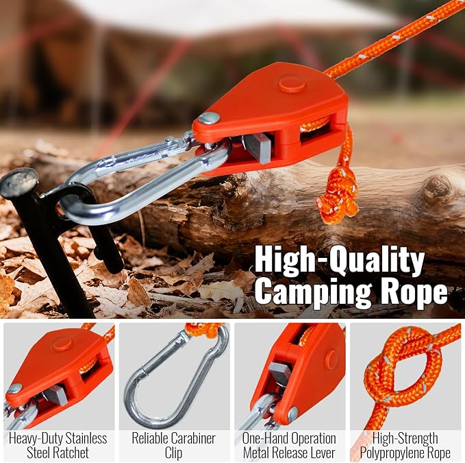 Camping Rope Reflective Tent Rope Guyline with Ratchet Pulley Tarp Tie Down Ropes for Tent Tarp Canopy Shelter Camping 13ft Adjustable Guy Line for Canopy Tent 6 Pack Guy Lines Tents Cords