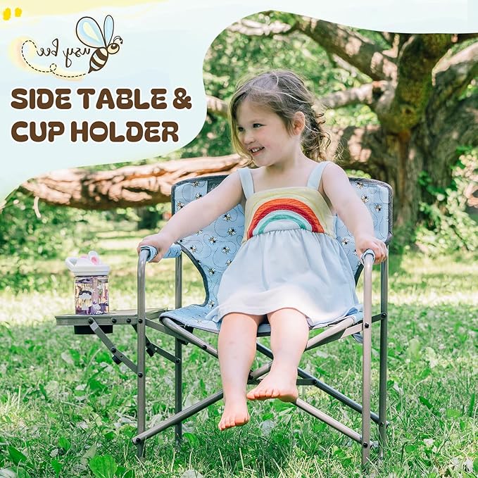 Busy Bee Kids Camping Chair with Foldable Side Table Lightweight Flat Folding Compact and Portable Perfect Kid Beach Chairs Supports 150 Lbs.
