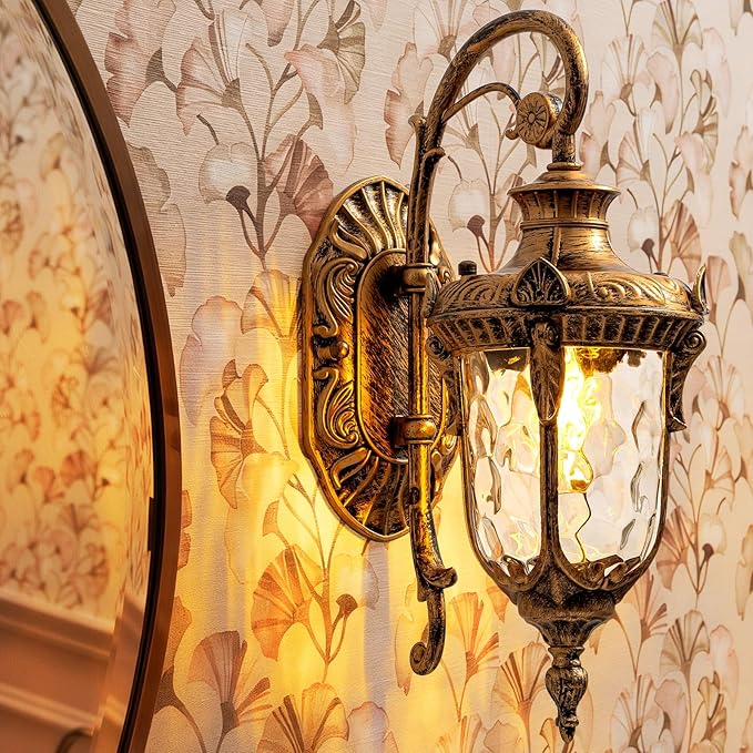 Rustic Wall Sconce LightingLantern Porch Light with Hammered Glass ShadeWaterproof Outdoor Wall Light Fixtures for Garage Room H16.1 in x W9.4 in