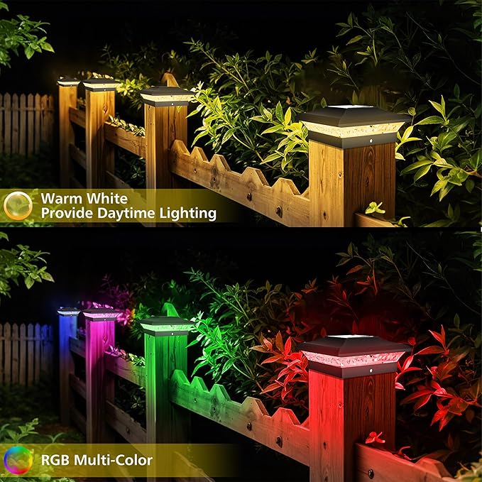 T-SUN Solar Post Cap Lights with Auto-Change Colors- for Vinyl/Wooden Posts IP65 Weatherproof Outdoor Solar Fence Post Lights for Deck Porch Garden &amp Stairs(24-PackRGB)