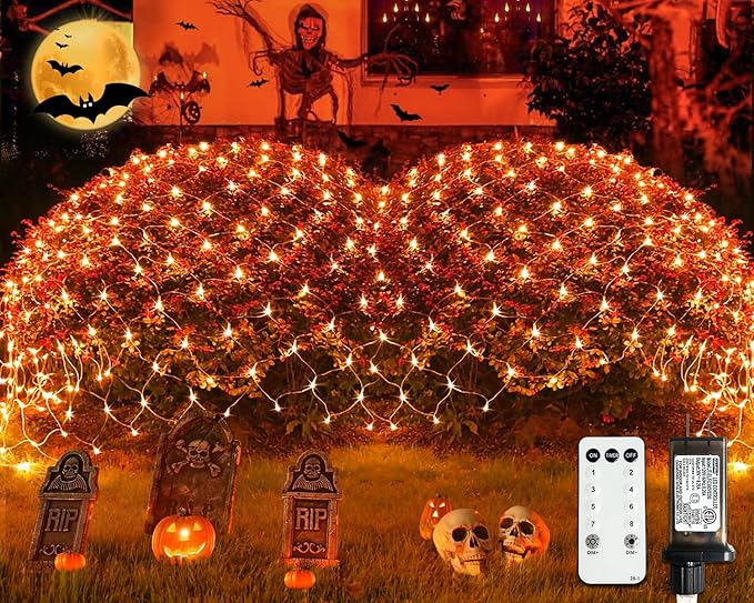 JMEXSUSS 360 LED Orange Net Lights Bush Lights with 8 Modes Outdoor Waterproof for Christmas Party Patio Garden Decorations