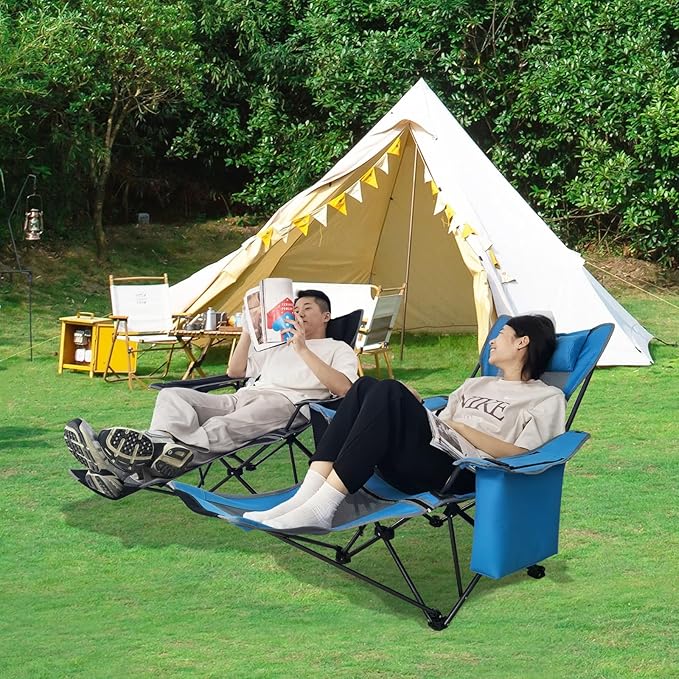 Reclining Camping Chair 4 Position with Foot Rest Comfortable for Adults 265Ibs Folding Lounger Mesh Beach Chair with Cooler BagCotton Cushion and Cup Holder for Outdoor Patio