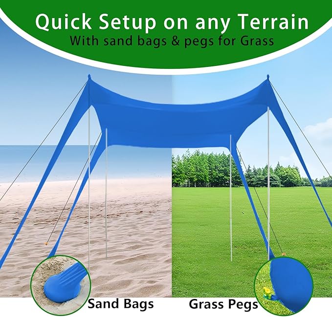 Beach Tent Beach Canopy UPF50+ with Sandbags Sand Shovels Ground Pegs &amp Stability Poles Outdoor Shade Camping Sun Shelter for Camping Trips Fishing Backyard Fun or Picnics