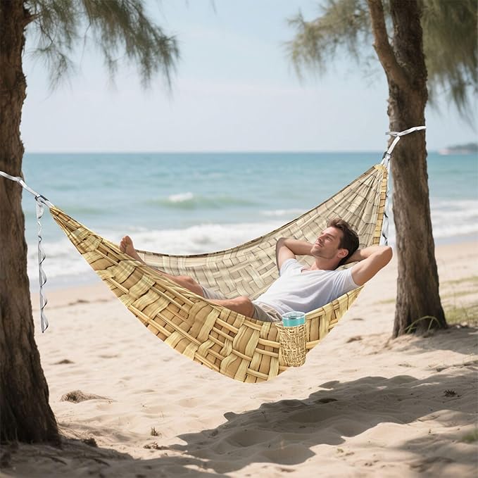 Woven Rattan Texture Hammock 330 lb Capacity Travel Camping Hammock with Tree Straps Portable Lightweight for Outdoor Beach Backpacking Backyard Patio