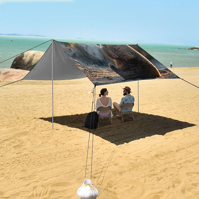 Sitting Bear Pattern Beach Tent Sun Shelter 9.2' x 10.5' Beach Canopy with 4 Sandbags 4 Stability Poles Sand Shovels - Tent Canopy for Beach Camping Fishing Picnics