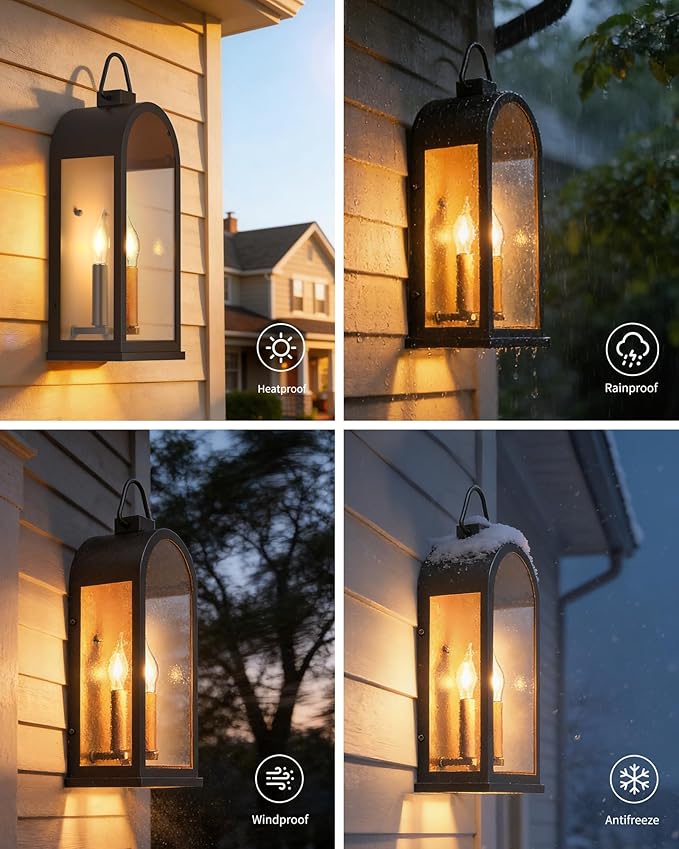 Outdoor Wall Light Fixtures 2-Light Porch Lights Outdoor Matte Black Exterior Waterproof Wall Sconce with Glass Shade Outside Lantern for House Doorway Patio Entryway E12 Socket 2 Pack