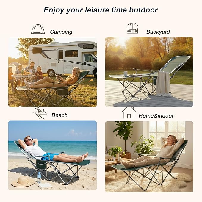 Folding Beach Chair Recliner for Adults - Heavy Duty 300lbs Camping Chair with Adjustable Backrest &amp Footrest Portable Outdoor Lounge Chair for Backyard Fishing Travel