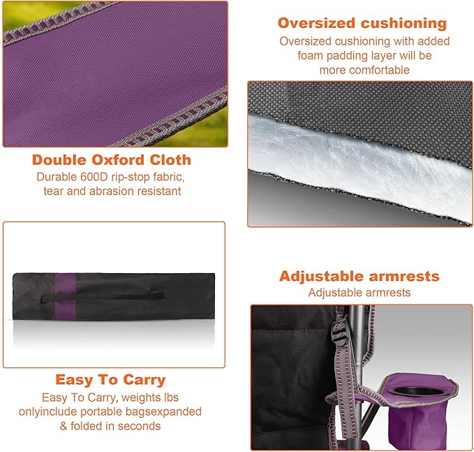 2 Pack Padded Oversized Camping Chairs for AdultsHeavy Duty Support 400 LbsFolding Portable Lawn Chair w/Cup HolderCooler BagSide PocketPerfect for Outdoor PicnicHiking(Purple&ampBlack)