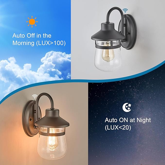 Classic Updated Dusk-to-Dawn Outdoor Light. Outside Exterior Porch Wall Light Fixture in Textured Black. Anti-Rust and Waterproof Wall-Mounted Lantern. Outside Light for House Front Door.