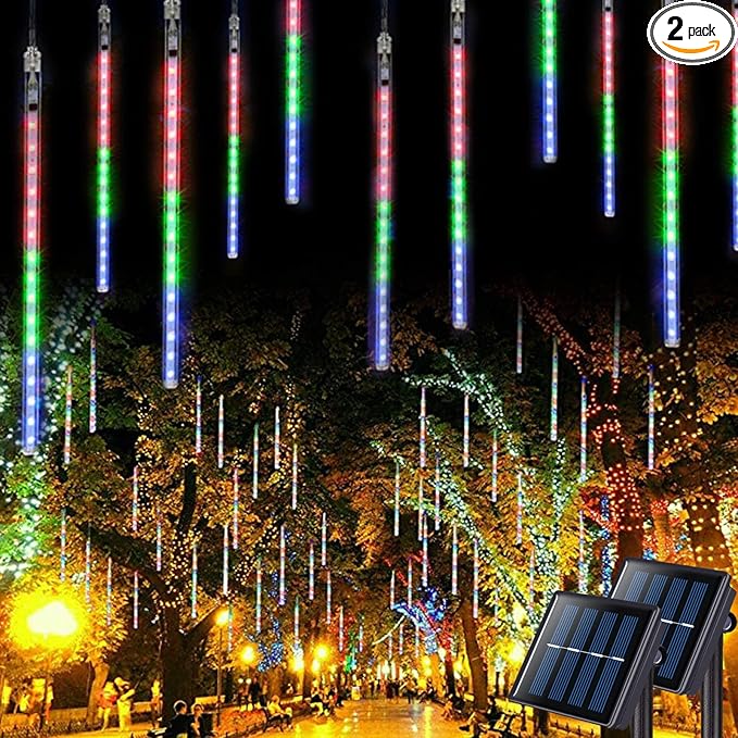 JMEXSUSS 2 Pack Solar Meteor Shower Lights 16 Tube 288 LED Multicolor Meteor Christmas Lights Solar Christmas Lights Outdoor Waterproof for Tree Christmas Decorations