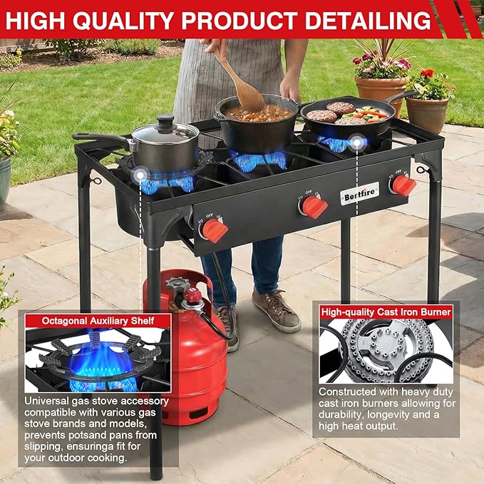 Bestfire 3 Burners Camping Stove for Cooking Outdoor 225000 BTU Propane Burners with Ignition wire&ampRemovable Legs Temperature Control Knobs and 20 PSIG High Pressure Regulator for BBQ