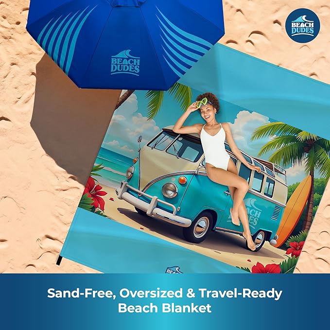 Beach Vibes Oversized Beach Blanket - 108x84 XL Sandproof Water-Resistant Picnic Mat | Lightweight Ripstop Nylon for Travel &amp Camping | Includes 4 Stakes and Carry Bag