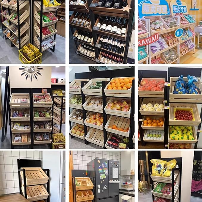 Commercial Supermarket Fruit &amp Vegetable Shelf 3/4 Tier Produce StorageLarge Capacity Retail Snack Rack Display With Wood Baskets Kitchen Onion Potato Produce(White rack+brown box4 tier)