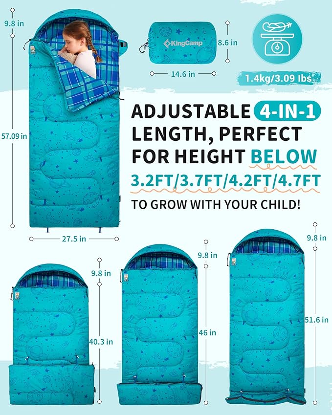 KingCamp 45°F Kids Sleeping Bag Lightweight Waterproof &amp Compact Flannel Sleeping Bags Cold Weather &amp Warm Youth Essentials Gear Accessories for Camping Fits 10-12 Children up to 4'7-5'5 T
