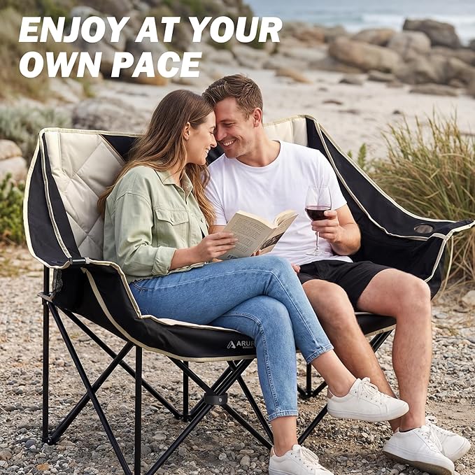 Double Camping Chair Padded Oversized Camping Loveseat for Adults 2 Person Couch Two Seat Support 600LBS Heavy Duty Folding Camp Lawns Chairs for Outdoor Beach Backyard Tailgating Sports