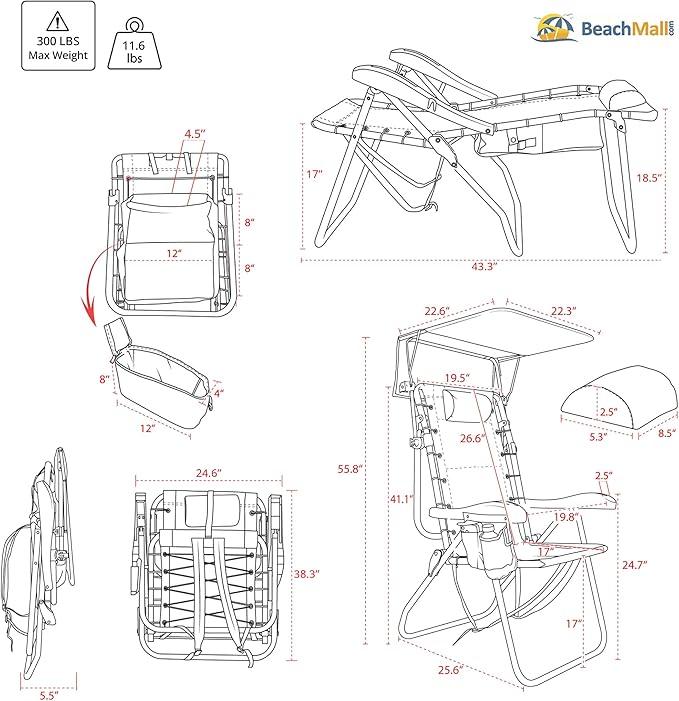Ultimate Heavy Duty High Seat Aluminum Folding Backpack Beach Chair for Adults | Lay Flat 5 Reclining Positions | Removable Insulated Cooler Pouch &amp Canopy for UV Protection