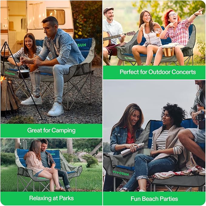 VIVOSUN Double Camping Chair Fully Padded Folding Loveseat Oversized Duo Chair with Cup &amp Wine Glass Holders Pocket Armrests &amp Carry Bag
