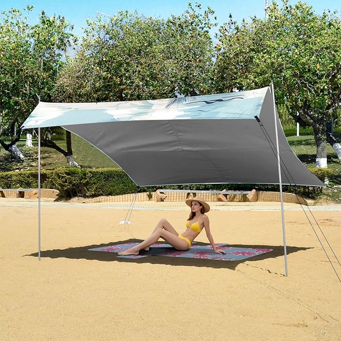 Palm Trees Blue Beach Tent Sun Shelter 9.2' x 10.5' Beach Canopy with 4 Sandbags 4 Stability Poles Sand Shovels - Tent Canopy for Beach Camping Fishing Picnics