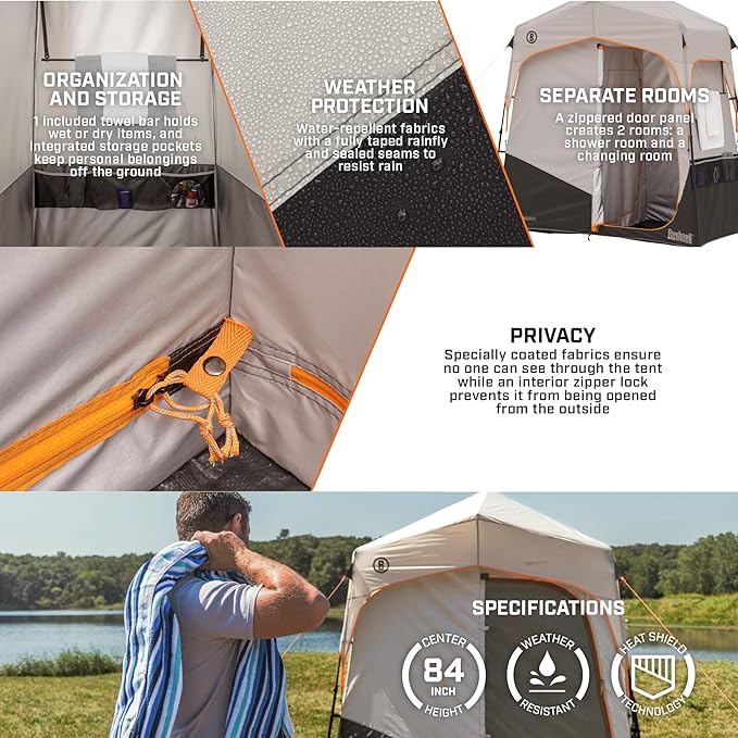 Bushnell Shower Tent with Instant Setup Technology | Shield Series 2 Room Shower Tent for Family Camping Hunting Hiking | Solar Water Reservoir Included