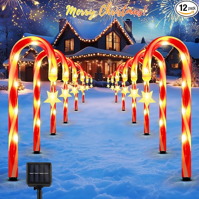 Lewondr 15 Solar Christmas Candy Cane Lights Outdoor Pathway Stake Lights with 2 Modes 108 LED Beads Waterproof Outside Xmas Decorations with Star Decor Lights for Yard Garden Holiday 12 Pack