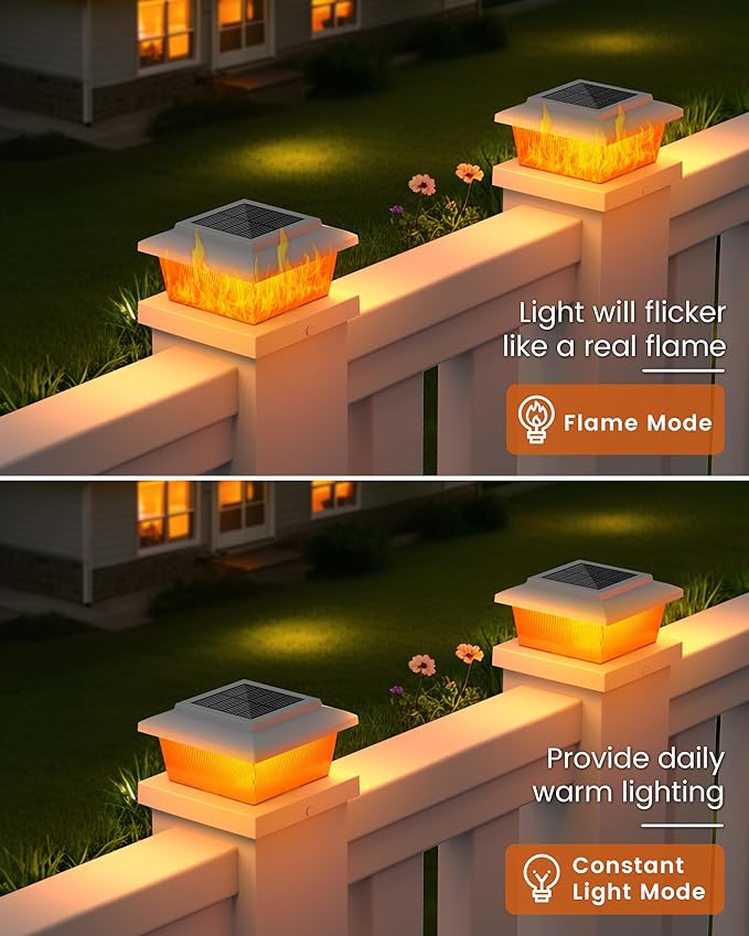 VOLISUN Solar Fence Post Lights 12pack White Solar Deck Post Cap Flame Light Outdoor Waterproof High Brightness Flickering Flame SMD LED Lighting for 4x4 Wooden/4x4 5x5 Vinyl Post