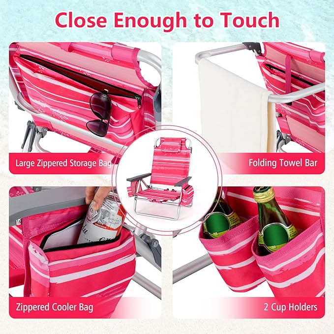 Tangkula Backpack Beach Chair with Table 5-Position Lay Flat Beach Chairs with Cooler Bag 2 Cup Holders Towel Bar Lightweight Low Folding Beach Chair with Backpack Straps