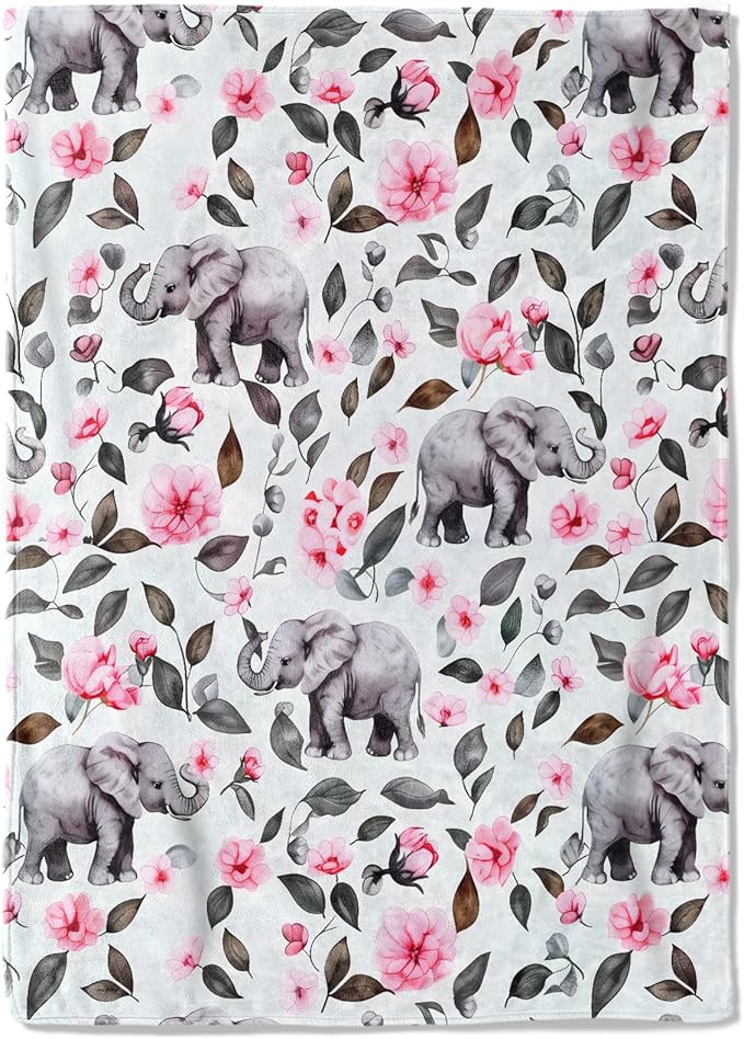 Elephant and Flower Fleece Blanket - 50x60in Pink Floral Throw BlanketsSoft Cozy Lightweight Ideal for Living Room Home Rustic Decor and Kids Women Girls Spring Gifts